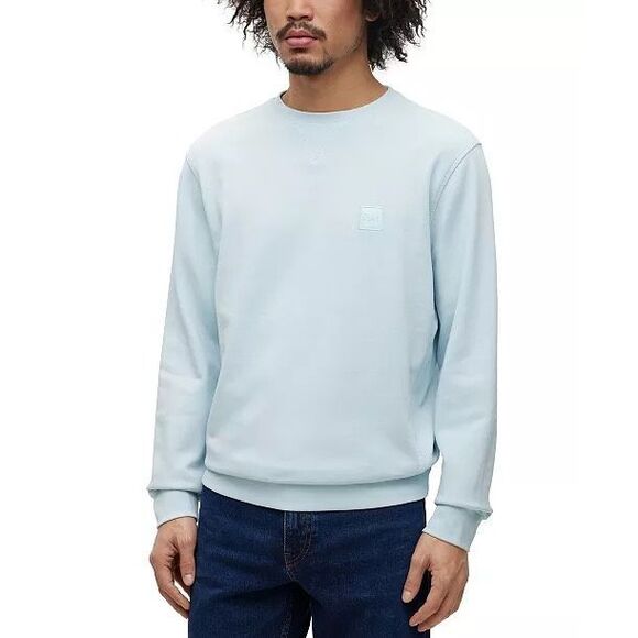 Hugo Boss Logo Patch Size Small Light Blue Crewneck 100% Cotton Pullover Sweater - Picture 1 of 7